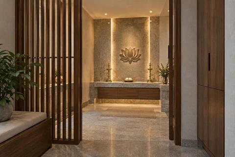 AI-generated puja room design concept: screened anteroom mandir, granite precision direction