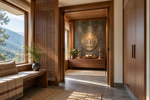 AI-generated puja room design concept: screened anteroom mandir, hill timber direction