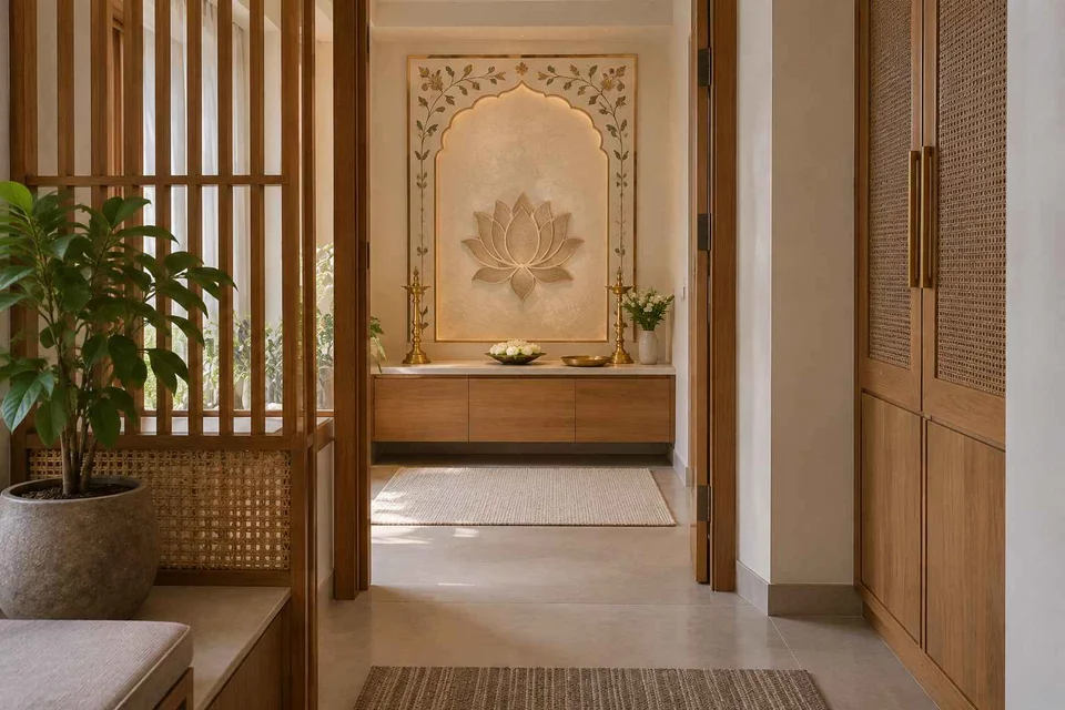 AI-generated puja room design concept: screened anteroom mandir, inlay atelier direction