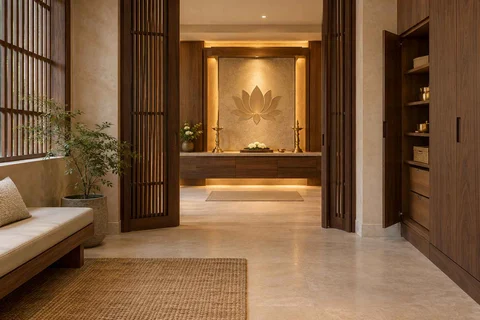 AI-generated puja room design concept: screened anteroom mandir, lime and walnut direction