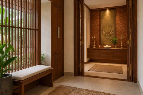 AI-generated puja room design concept: screened anteroom mandir, malabar timber direction