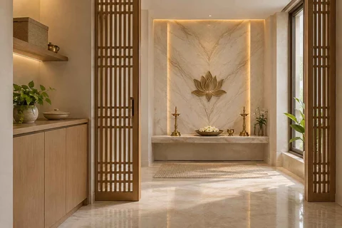 AI-generated puja room design concept: screened anteroom mandir, marble restraint direction