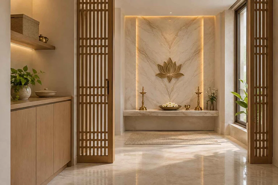 AI-generated puja room design concept: screened anteroom mandir, marble restraint direction