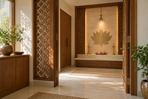 AI-generated puja room design concept: screened anteroom mandir, modern carved direction