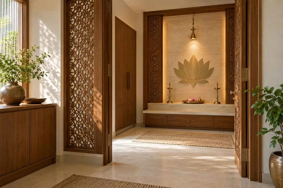 AI-generated puja room design concept: screened anteroom mandir, modern carved direction