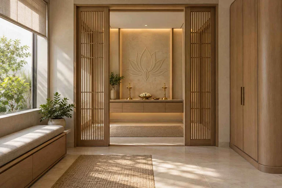 AI-generated puja room design concept: screened anteroom mandir, quiet contemporary direction