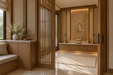 AI-generated puja room design concept: screened anteroom mandir, quiet transitional direction