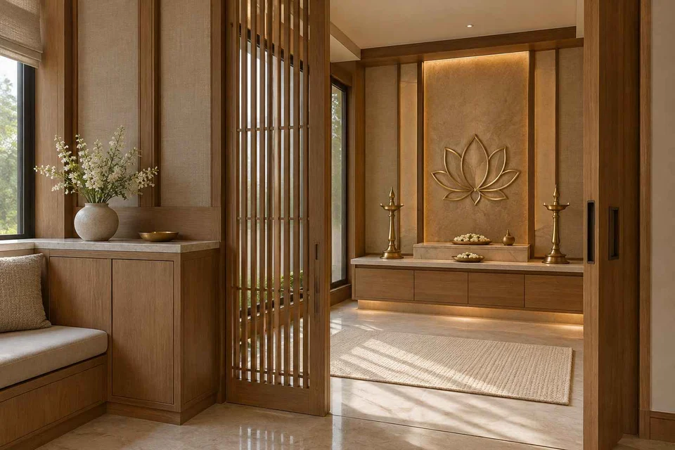 AI-generated puja room design concept: screened anteroom mandir, quiet transitional direction