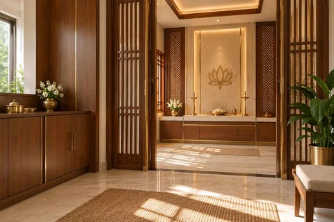 AI-generated puja room design concept: screened anteroom mandir, rosewood brass direction