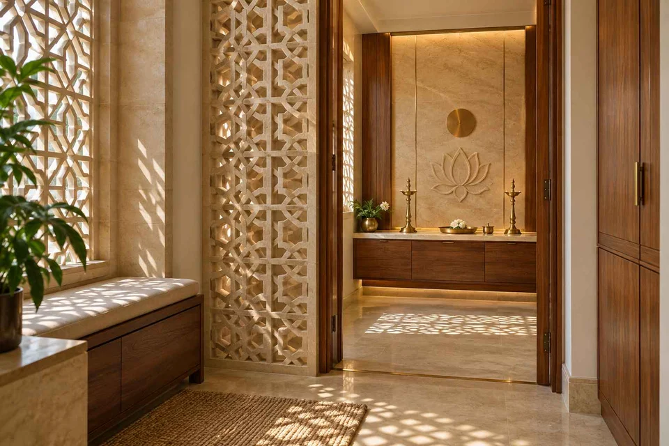 AI-generated puja room design concept: screened anteroom mandir, sandstone lattice direction