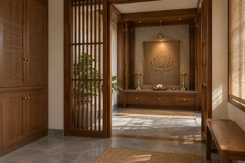 AI-generated puja room design concept: screened anteroom mandir, teak craft direction