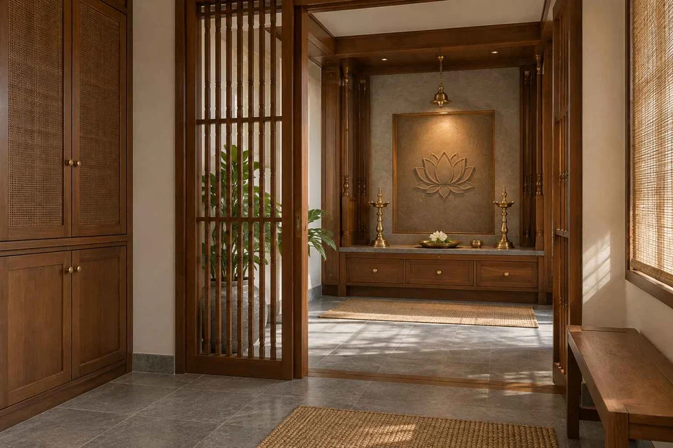 AI-generated puja room design concept: screened anteroom mandir, teak craft direction
