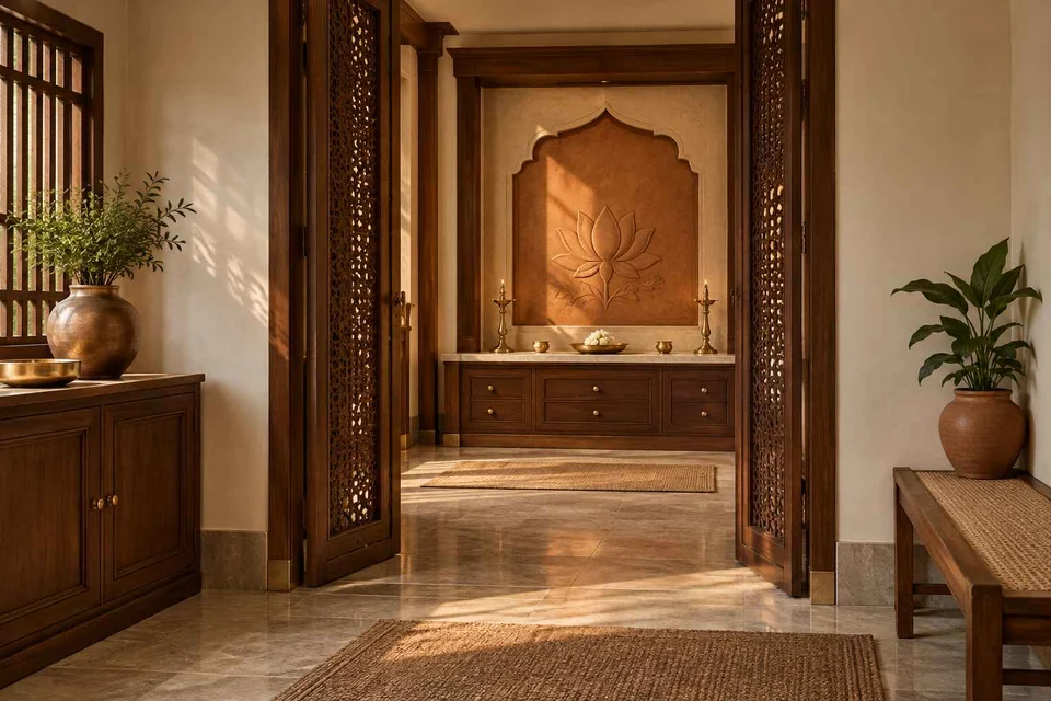 AI-generated puja room design concept: screened anteroom mandir, terracotta heritage direction
