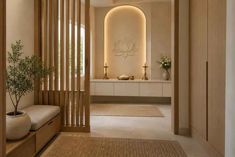 AI-generated puja room design concept: screened anteroom mandir, textured mineral direction