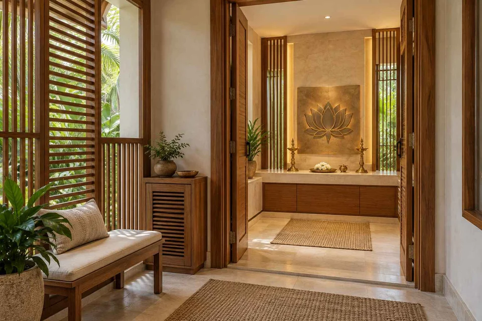 AI-generated puja room design concept: screened anteroom mandir, tropical slatted direction