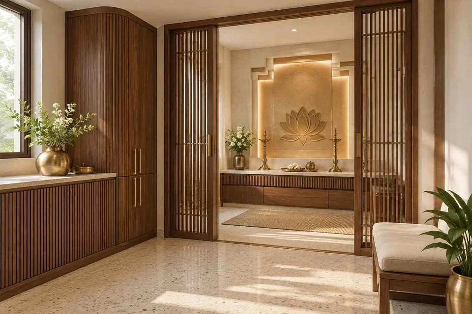 AI-generated puja room design concept: screened anteroom mandir, urban deco direction