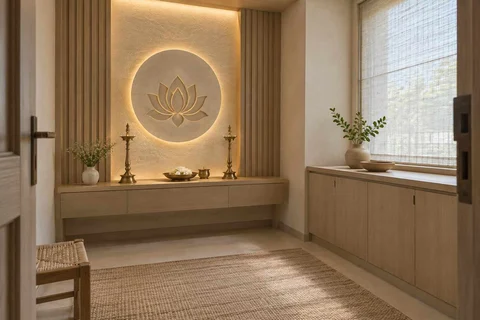 AI-generated puja room design concept: side-entry pooja room, ash and linen direction