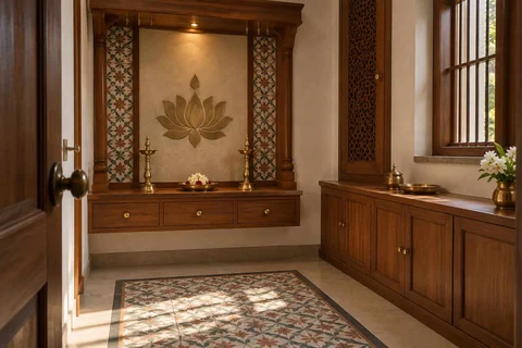AI-generated puja room design concept: side-entry pooja room, chettinad tile direction