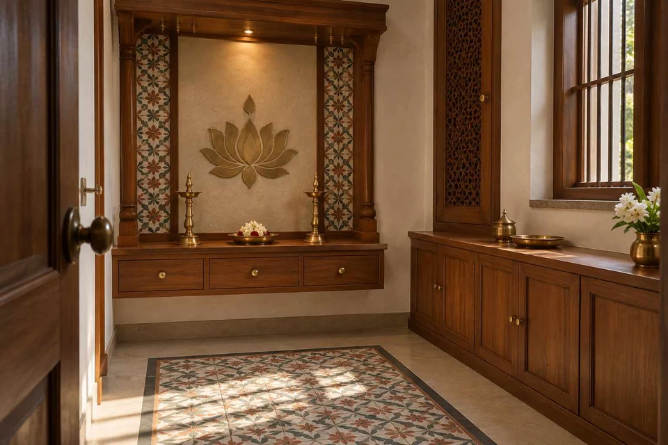 AI-generated puja room design concept: side-entry pooja room, chettinad tile direction