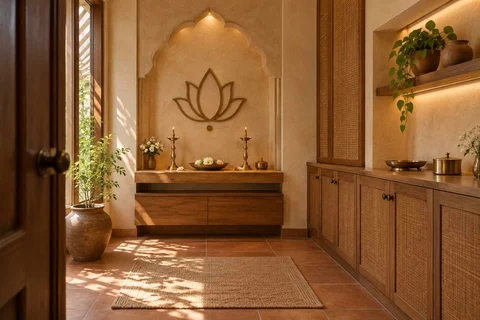 AI-generated puja room design concept: side-entry pooja room, clay artisan direction