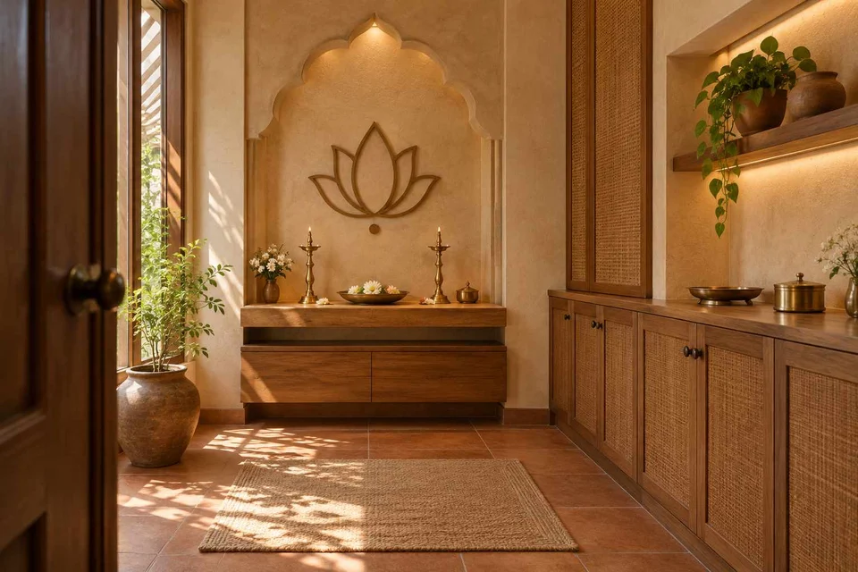 AI-generated puja room design concept: side-entry pooja room, clay artisan direction