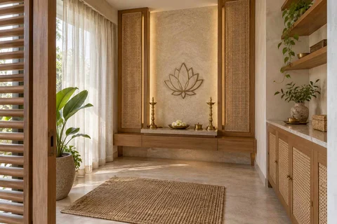 AI-generated puja room design concept: side-entry pooja room, coastal woven direction
