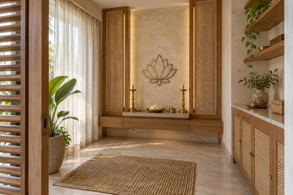 AI-generated puja room design concept: side-entry pooja room, coastal woven direction