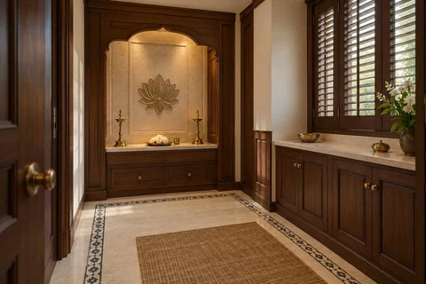 AI-generated puja room design concept: side-entry pooja room, colonial quiet direction