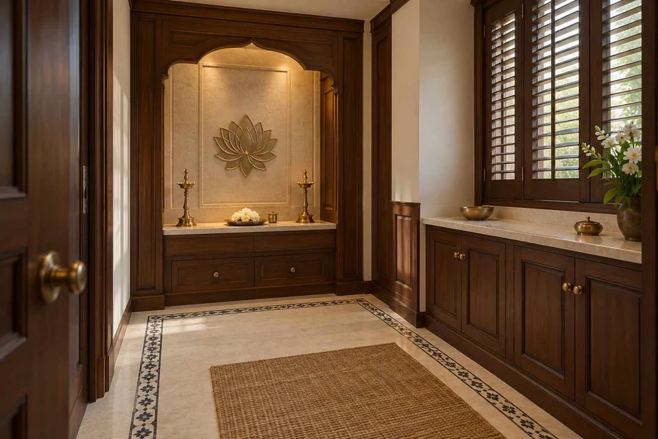 AI-generated puja room design concept: side-entry pooja room, colonial quiet direction