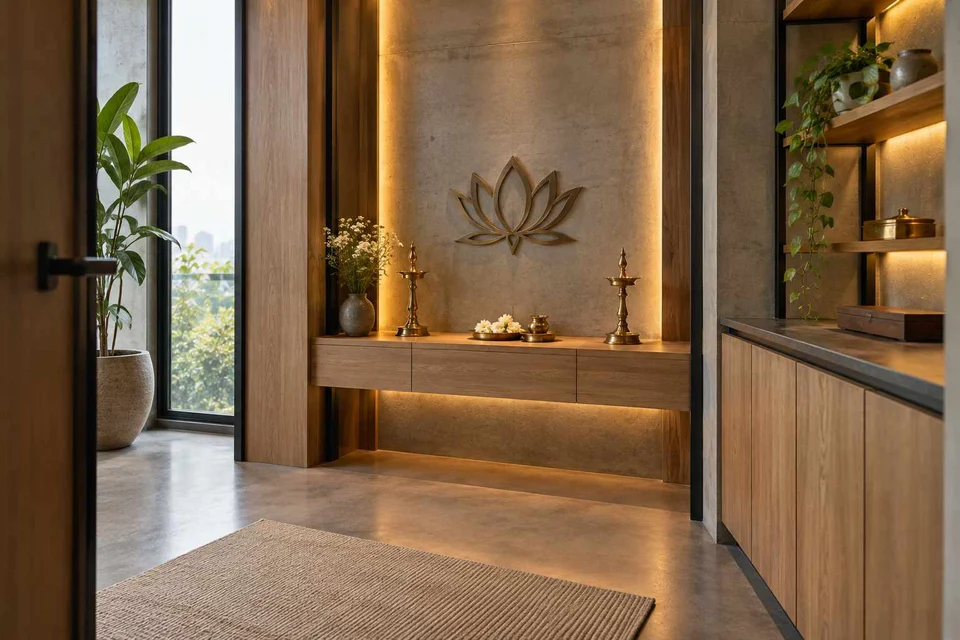 AI-generated puja room design concept: side-entry pooja room, concrete and oak direction