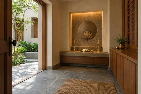 AI-generated puja room design concept: side-entry pooja room, courtyard modern direction