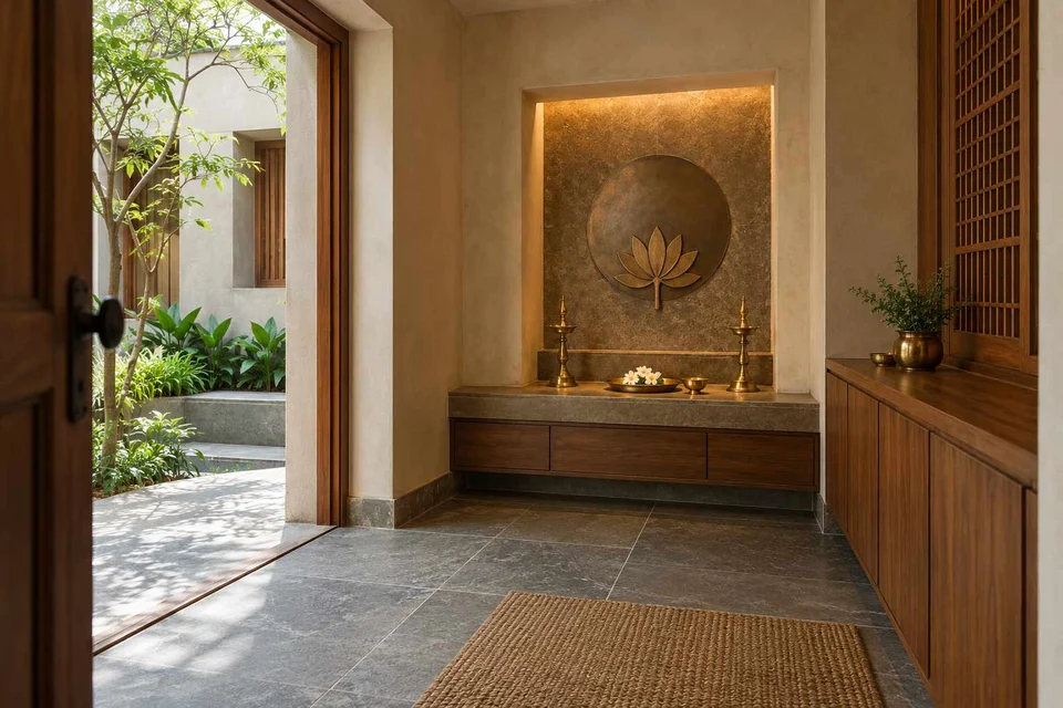 AI-generated puja room design concept: side-entry pooja room, courtyard modern direction