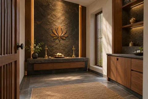 AI-generated puja room design concept: side-entry pooja room, deccan stone direction