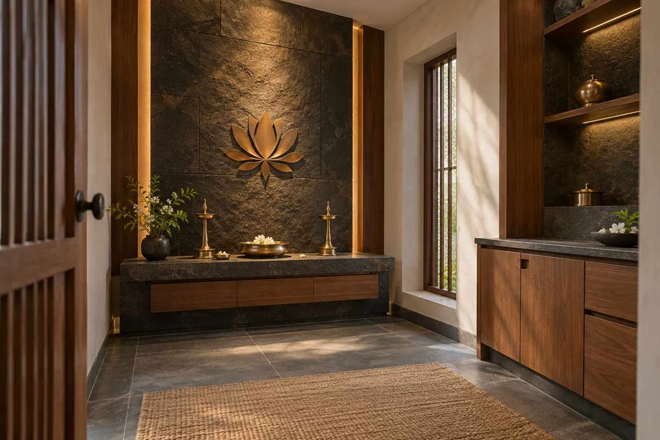 AI-generated puja room design concept: side-entry pooja room, deccan stone direction