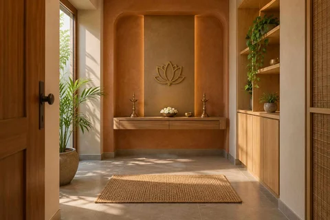 AI-generated puja room design concept: side-entry pooja room, earth and bamboo direction