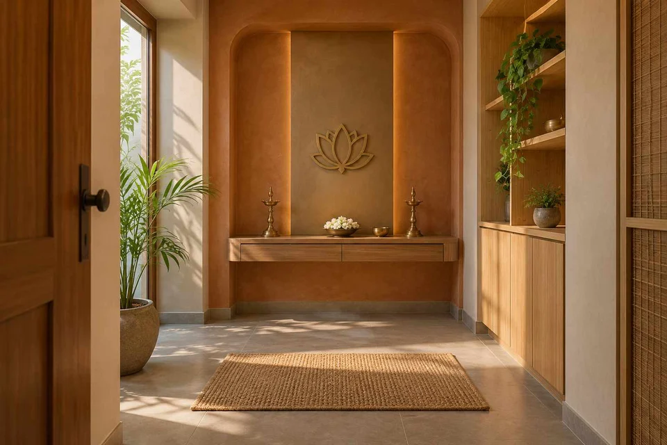 AI-generated puja room design concept: side-entry pooja room, earth and bamboo direction