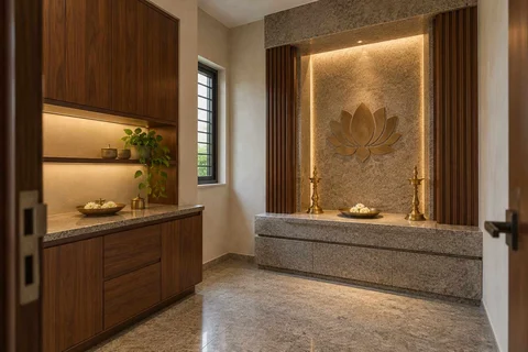 AI-generated puja room design concept: side-entry pooja room, granite precision direction