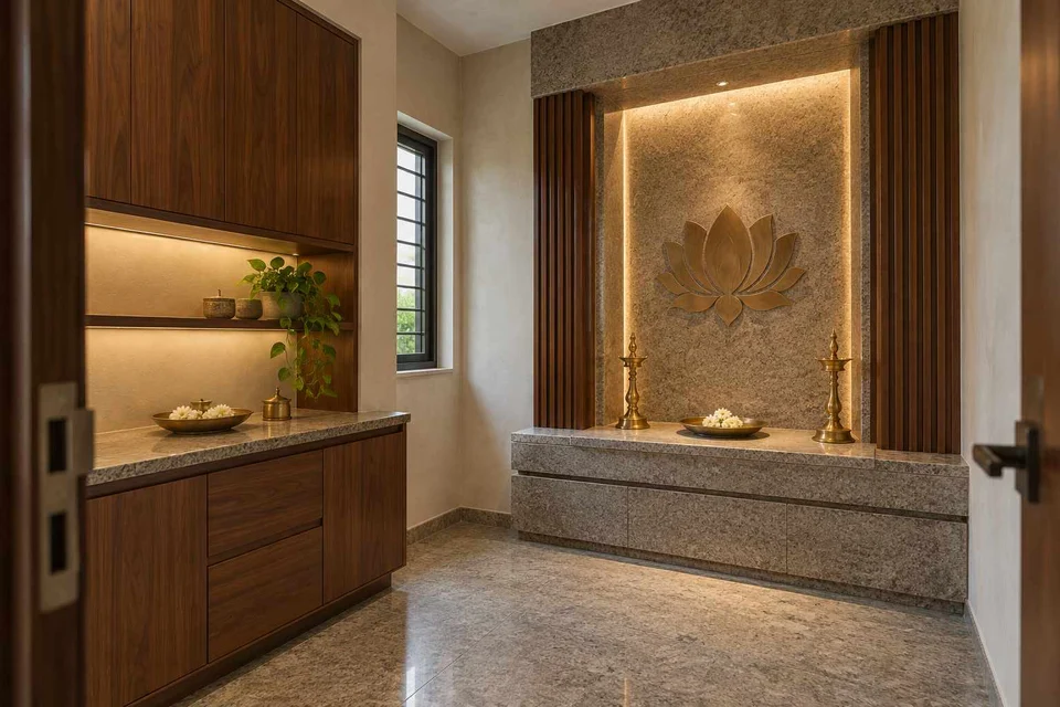 AI-generated puja room design concept: side-entry pooja room, granite precision direction