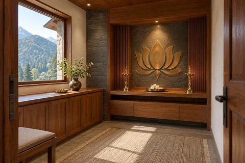 AI-generated puja room design concept: side-entry pooja room, hill timber direction