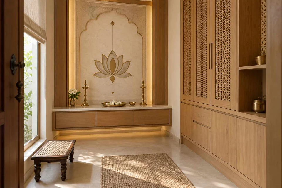 AI-generated puja room design concept: side-entry pooja room, inlay atelier direction