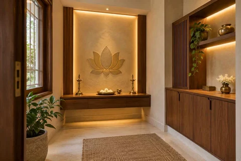 AI-generated puja room design concept: side-entry pooja room, lime and walnut direction