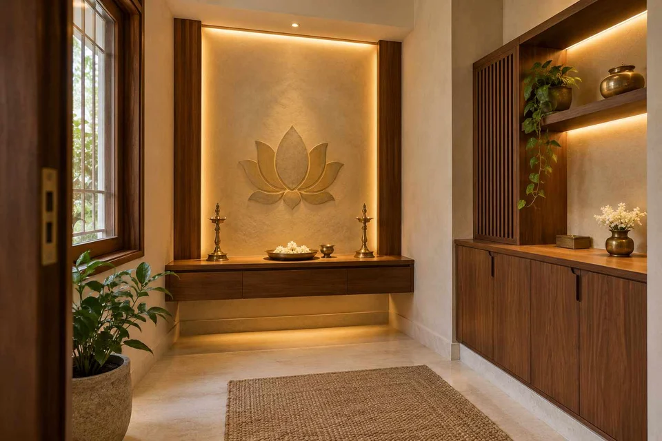 AI-generated puja room design concept: side-entry pooja room, lime and walnut direction