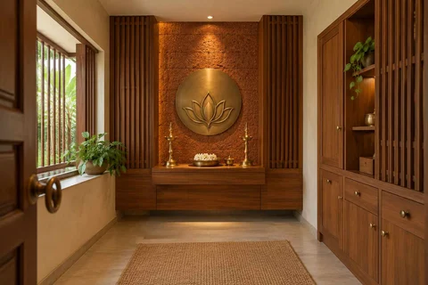 AI-generated puja room design concept: side-entry pooja room, malabar timber direction