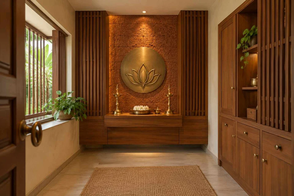 AI-generated puja room design concept: side-entry pooja room, malabar timber direction