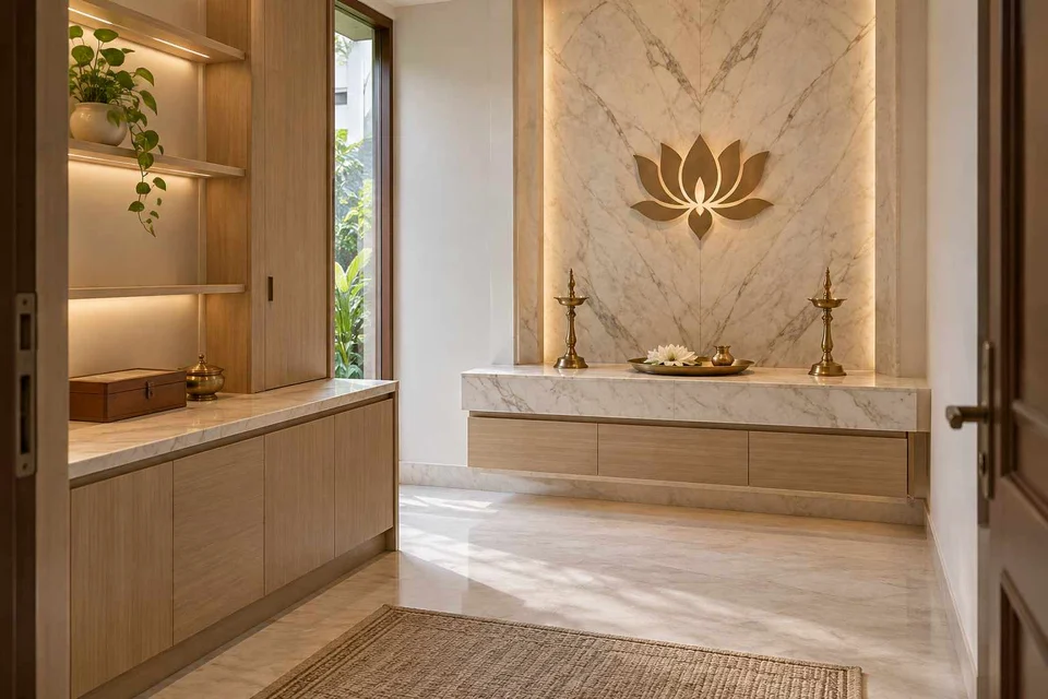 AI-generated puja room design concept: side-entry pooja room, marble restraint direction