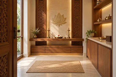 AI-generated puja room design concept: side-entry pooja room, modern carved direction