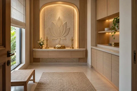 AI-generated puja room design concept: side-entry pooja room, quiet contemporary direction