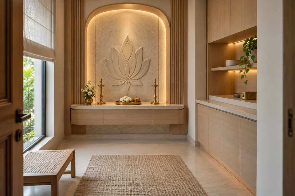 AI-generated puja room design concept: side-entry pooja room, quiet contemporary direction
