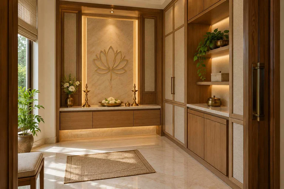 AI-generated puja room design concept: side-entry pooja room, quiet transitional direction