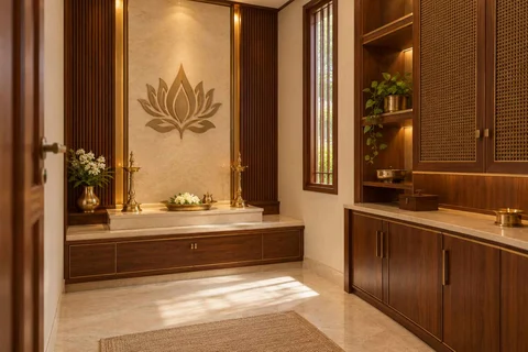 AI-generated puja room design concept: side-entry pooja room, rosewood brass direction